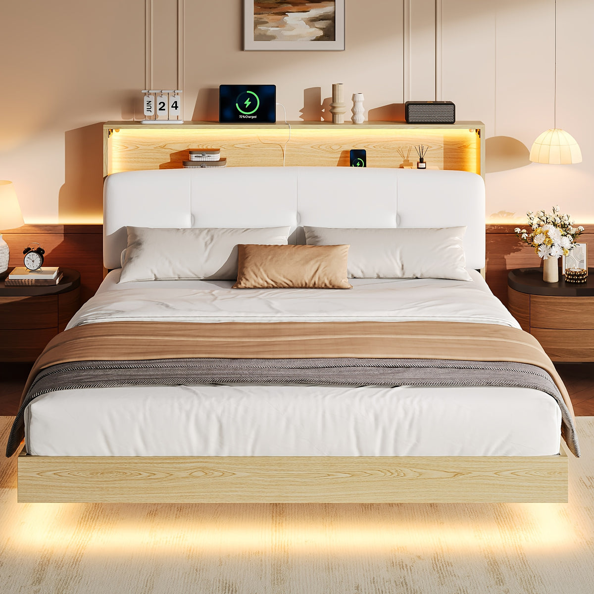 modern bed frame led lightings storage headboard - Temu
