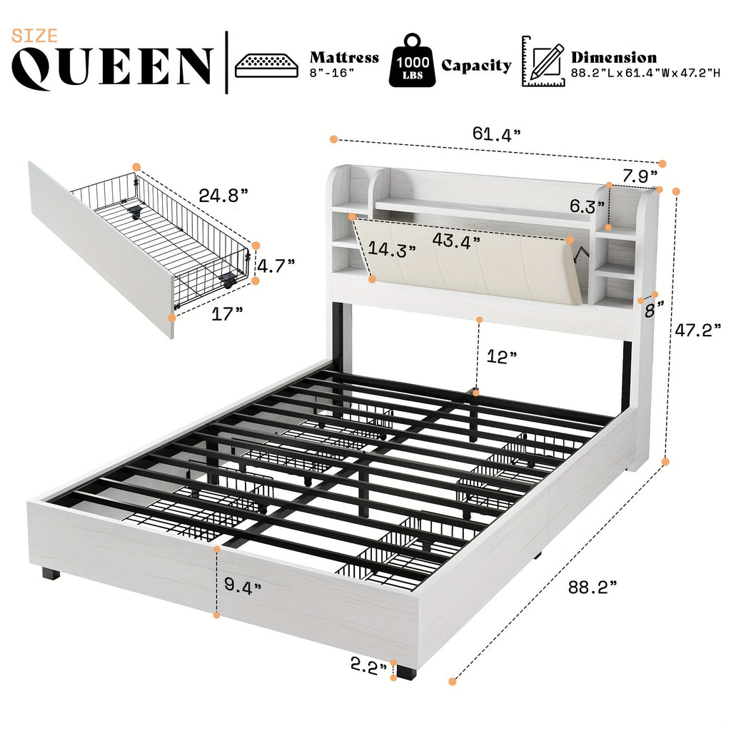 upholstered bed frame 4 storage drawers industrial bed frame - Temu