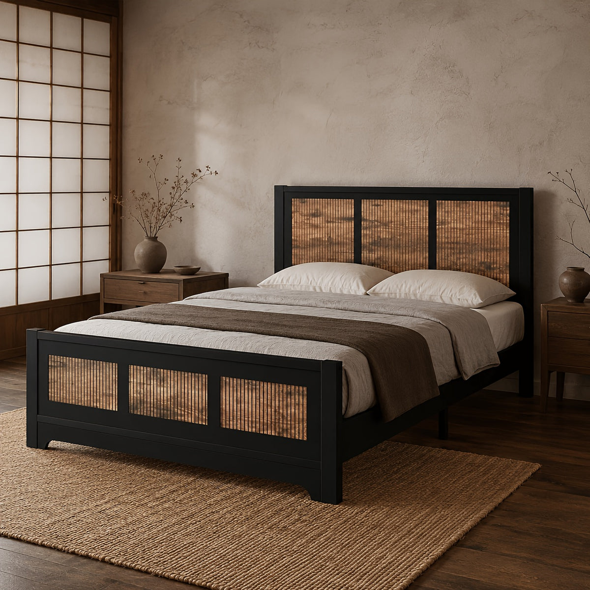 black rattan wood platform bed frame queen size rattan - Temu