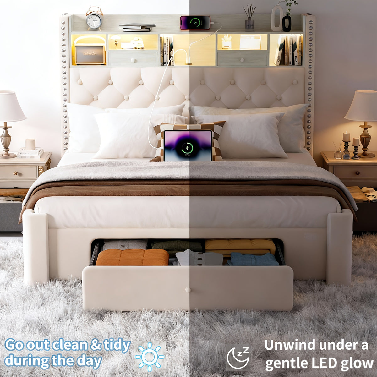 bed frame storage drawers bed frame led lights upholstered - Temu