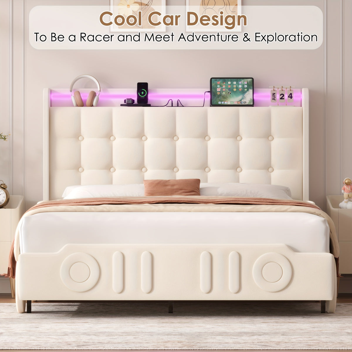 twin full queen upholstered bed frame led lights charging - Temu