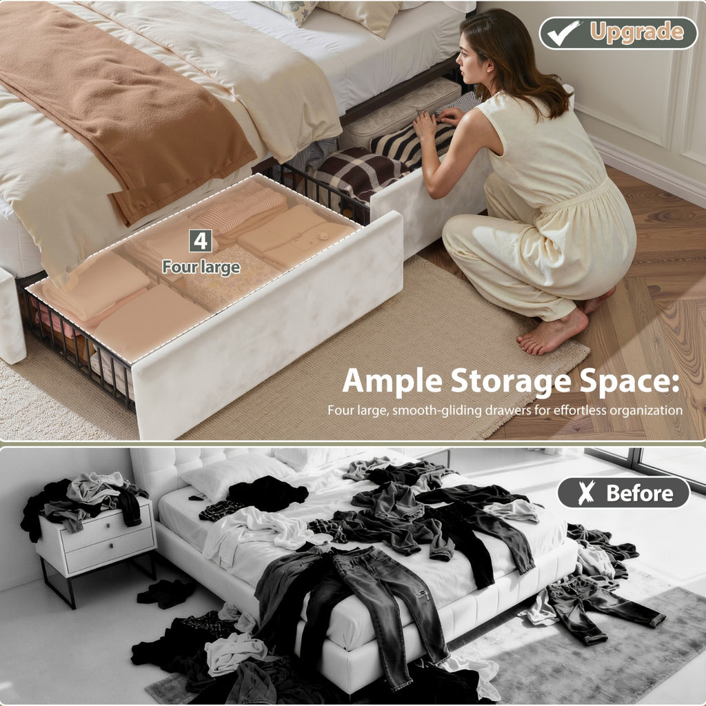 size velvet upholstered bed frame 4 storage drawers - Temu