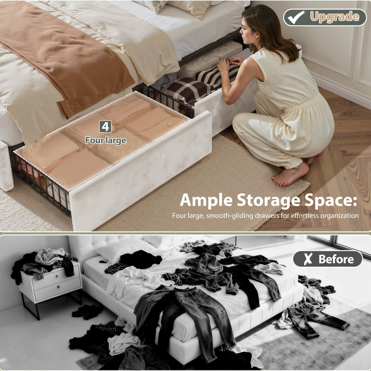 size velvet upholstered bed frame 4 storage drawers - Temu
