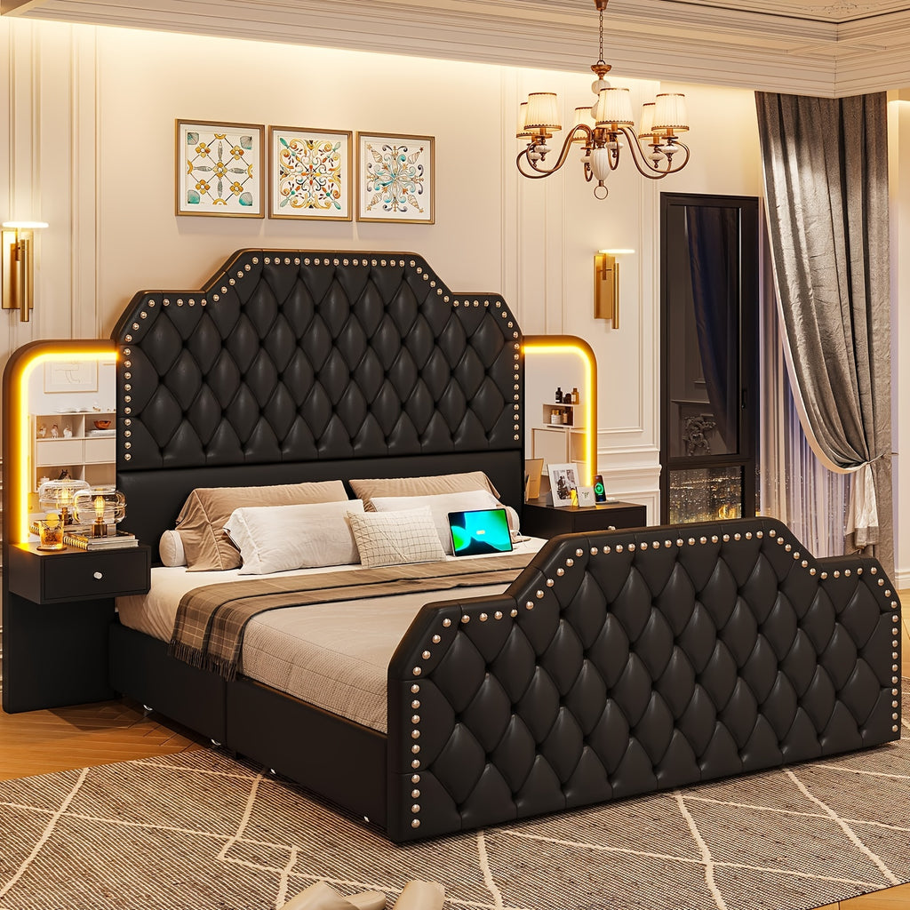 queen size bed frame 2 nightstands mirror modern platform - Temu