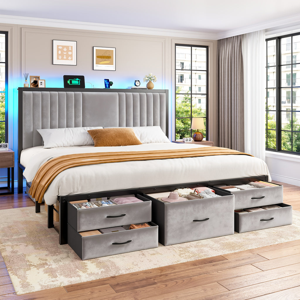 king queen full size velvet bed frame 5 storage drawers - Temu