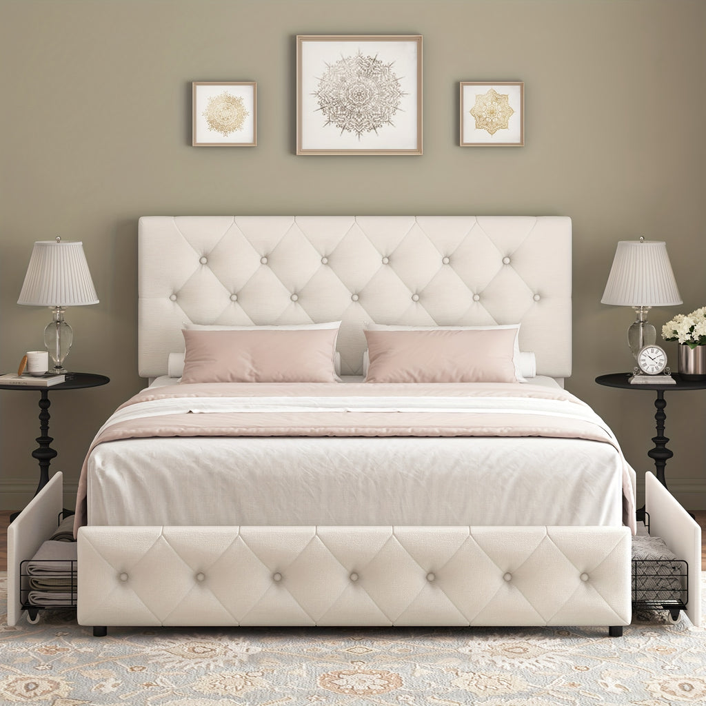 modern upholstered bed frame 4 storage drawers platform bed - Temu