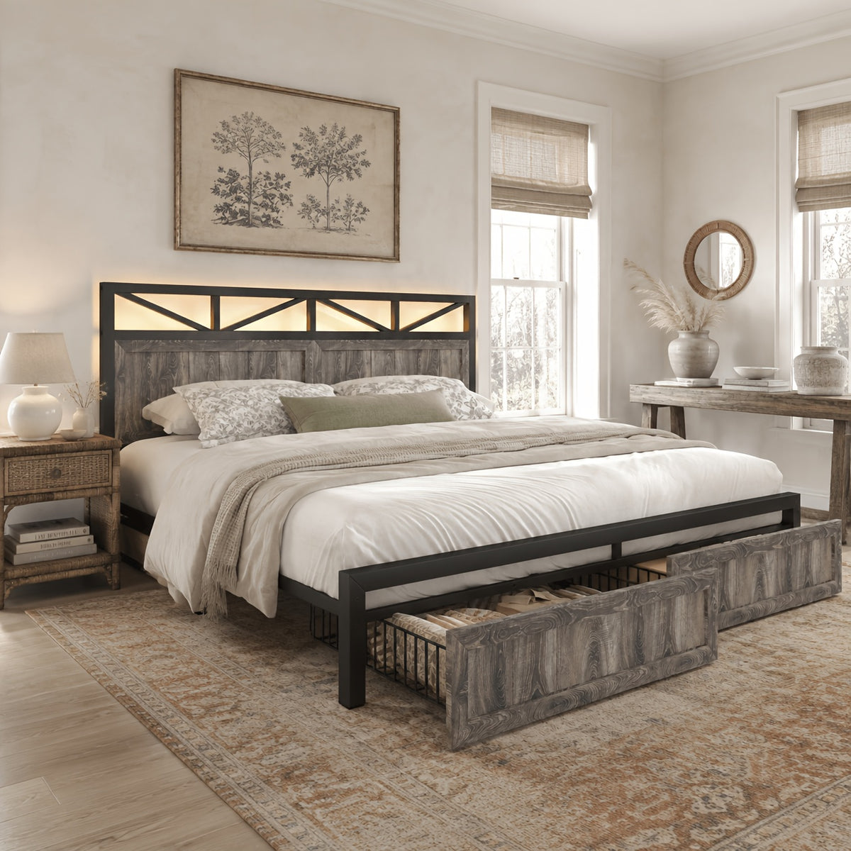 queen size led bed frame storage 2 drawers upholstered - Temu