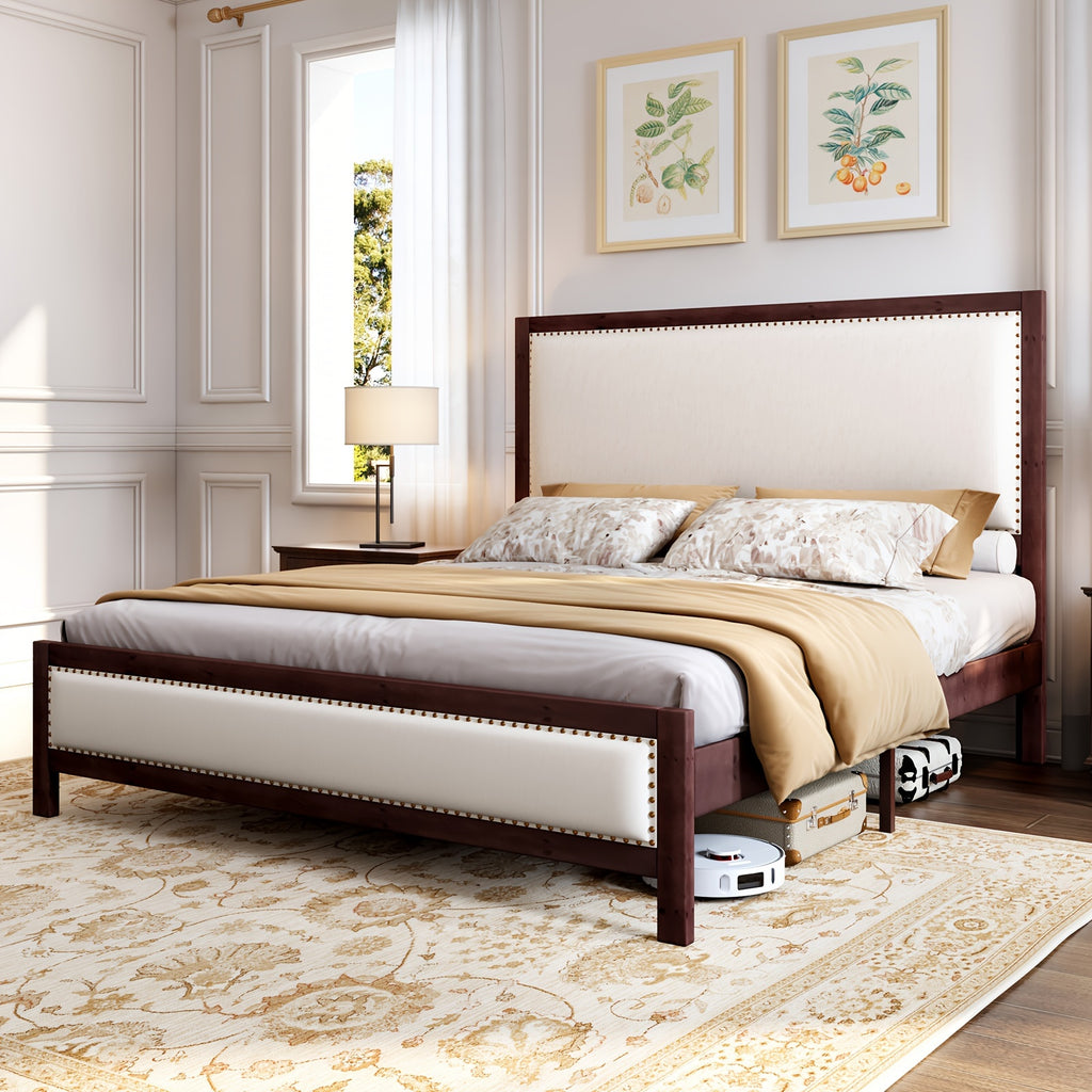 a platform bed featuring a sturdy wooden frame a linen - Temu