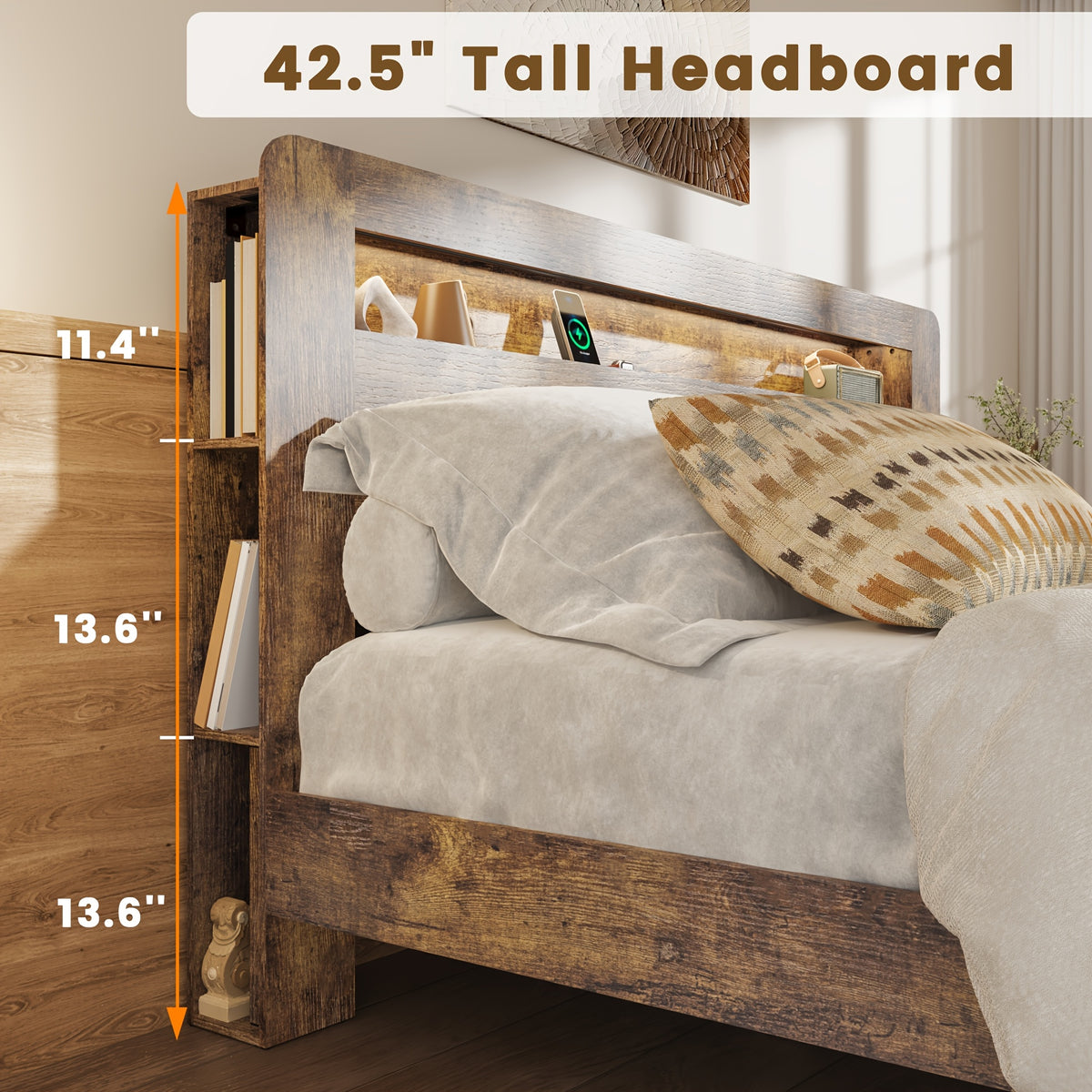king queen size farmhouse bed frame storage headboard rustic - Temu