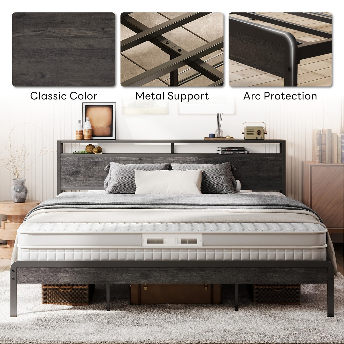 king size bed frame 2 tier storage shelf headboard - Temu