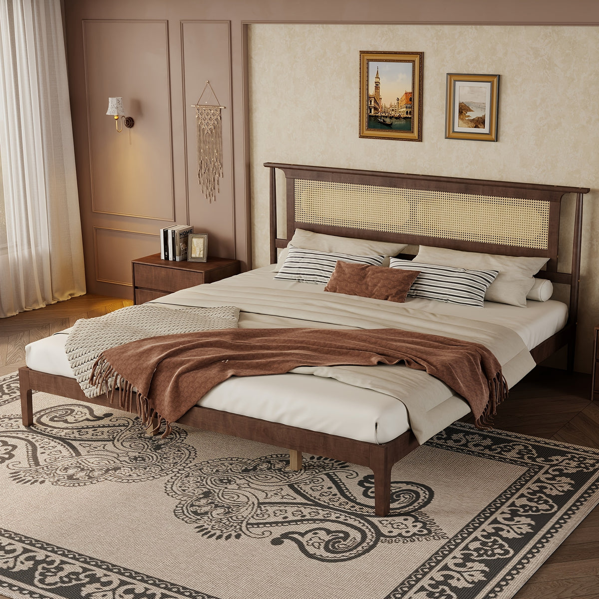 king size platform bed frame pe rattan headboard - Temu