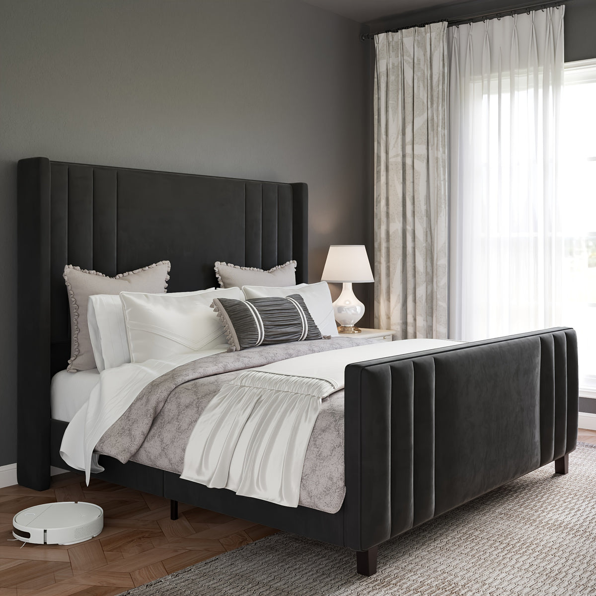 luxurious velvet platform bed frames vertical channel tufted - Temu