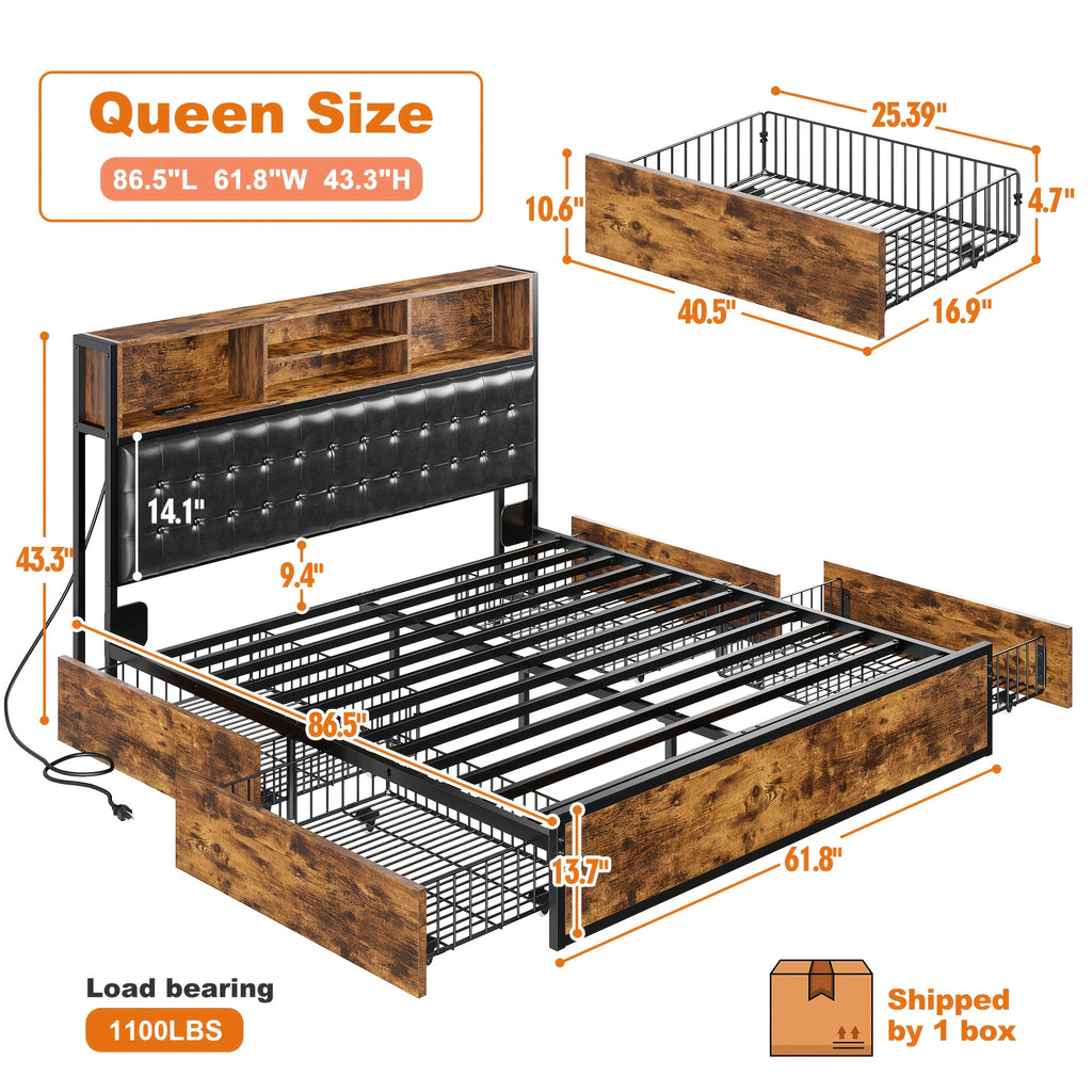 king queen full bed frame 4 storage drawers headboard - Temu