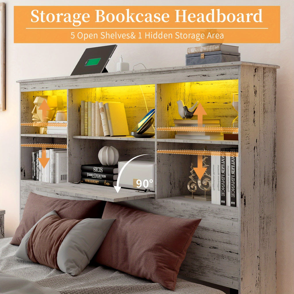 led bookcase headboard bed frame featuring a charging - Temu