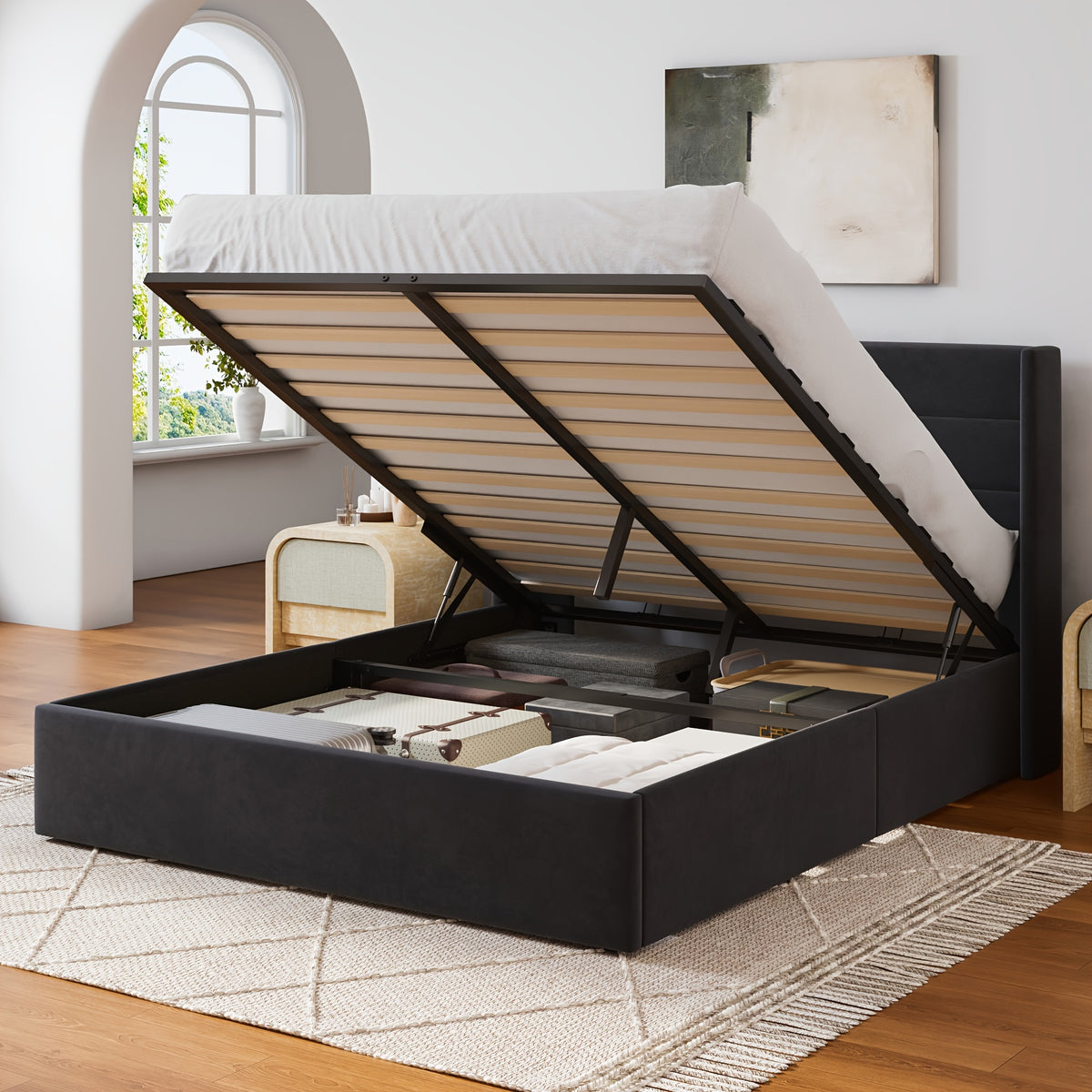 lift storage bed modern wingback upholstered - Temu