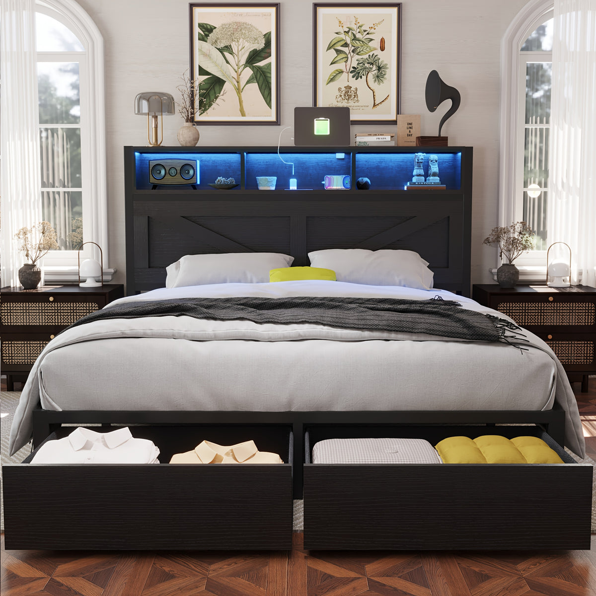 farmhouse bed frame bookcase headboard storage drawers no - Temu