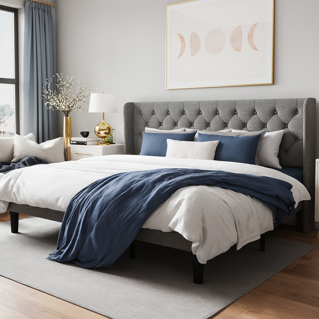 upholstered bed frame tufted wingback headboard - Temu