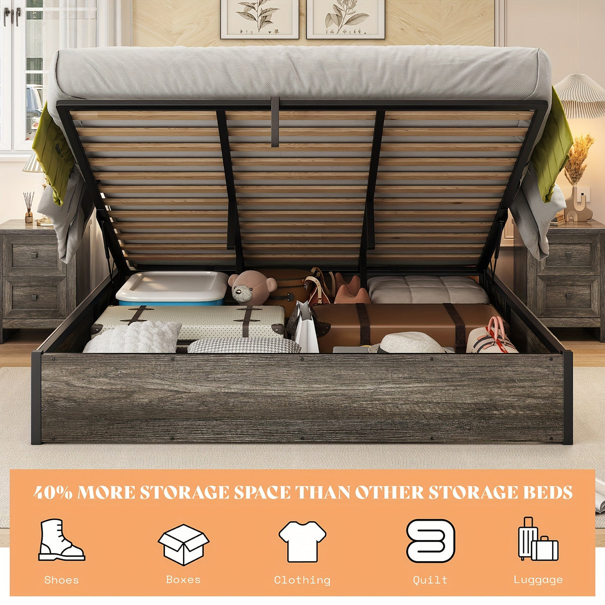 lift storage bed storage underneath wooden platform bed - Temu