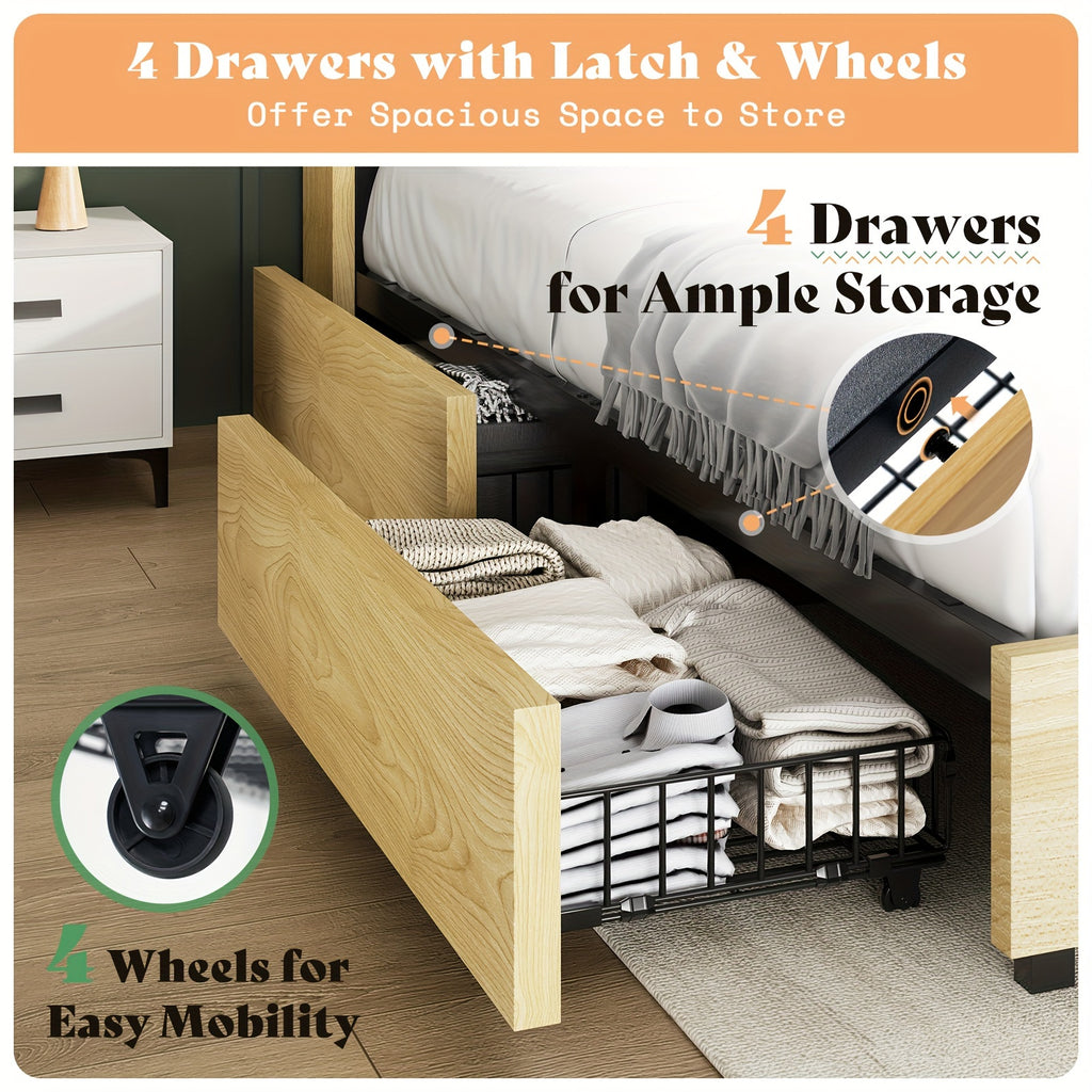 upholstered bed frame 4 storage drawers industrial bed frame - Temu