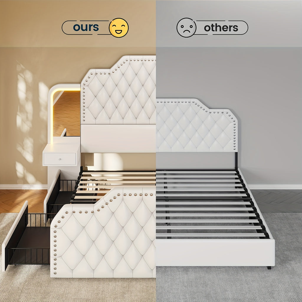 queen size bed frame 2 nightstands mirror modern platform - Temu
