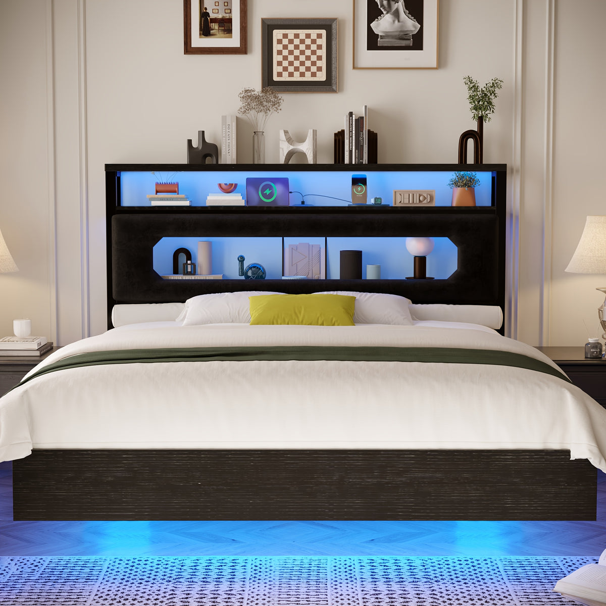 floating bed frame led lighting headboard built in storage - Temu