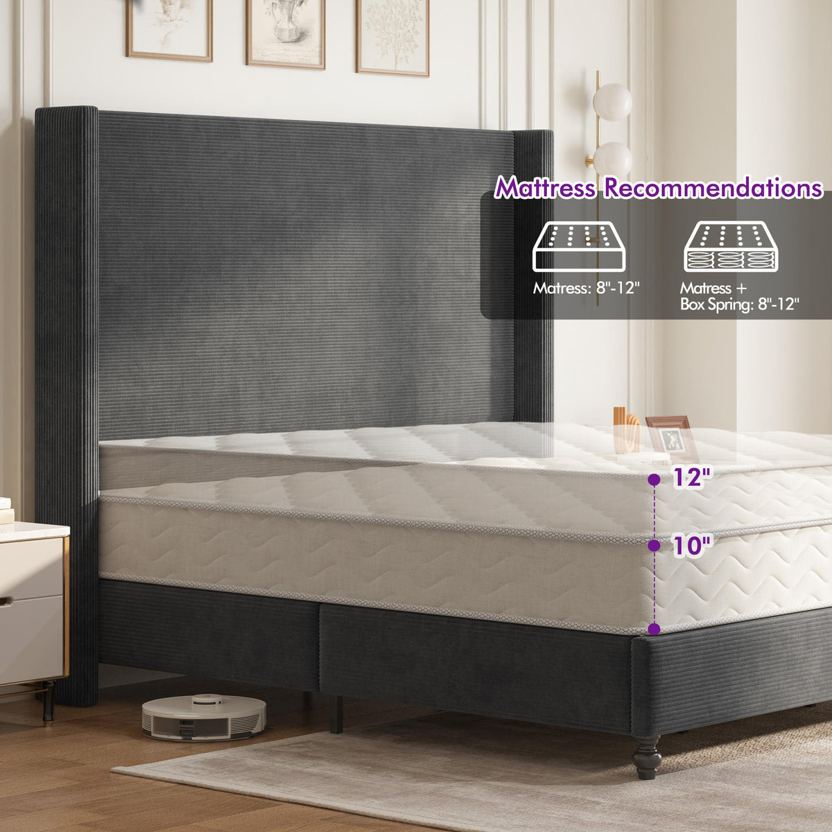 corduroy upholstered bed frame tall wingback - Temu