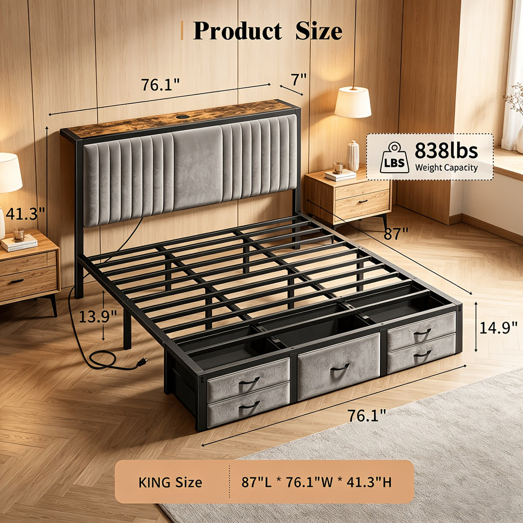 king queen full size velvet bed frame 5 storage drawers - Temu