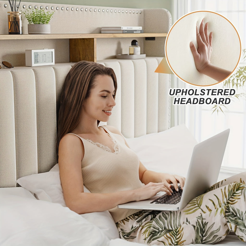 king size upholstered bed frame storage 2 tier headboard 2 - Temu
