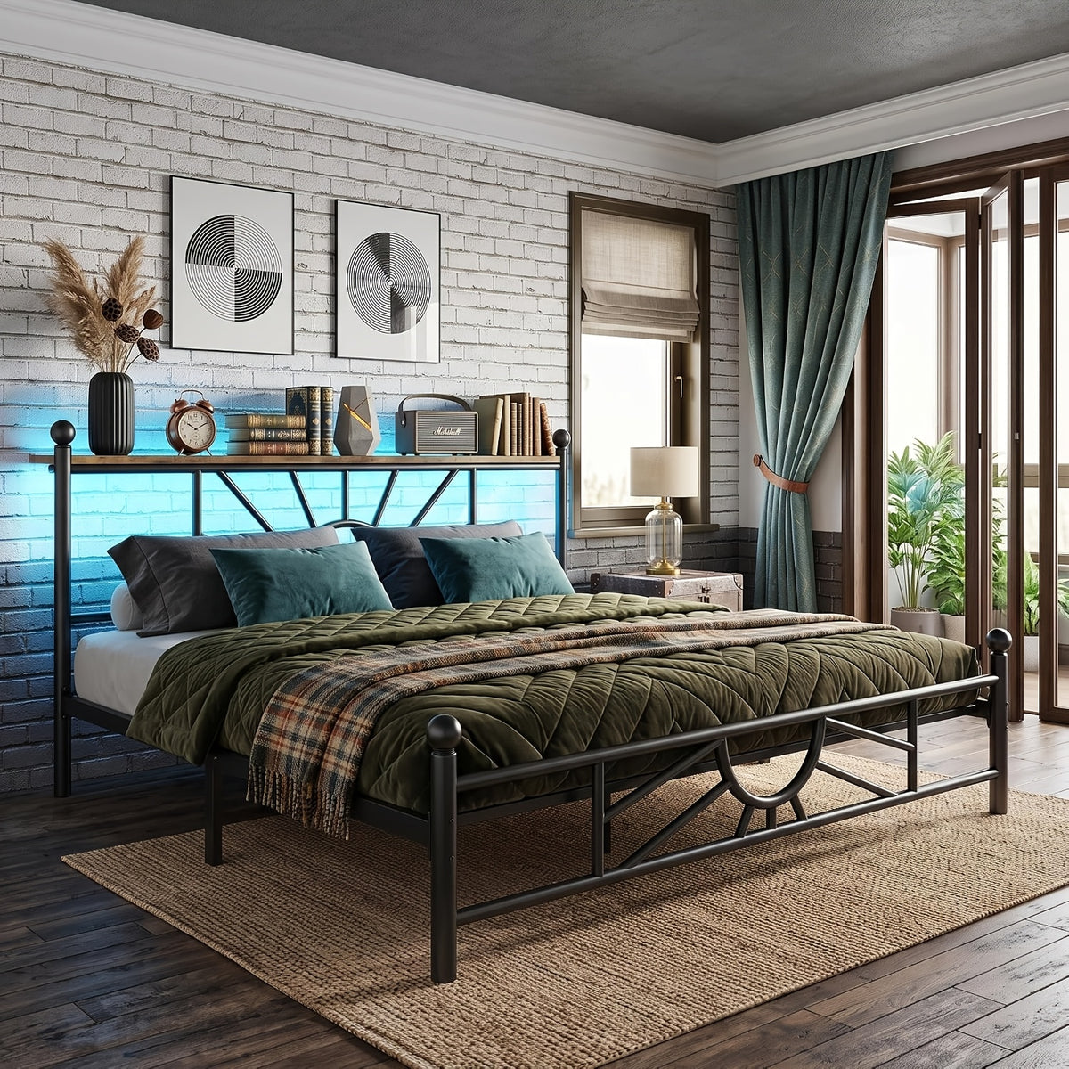 twin full queen king retro metal bed frame led lights - Temu