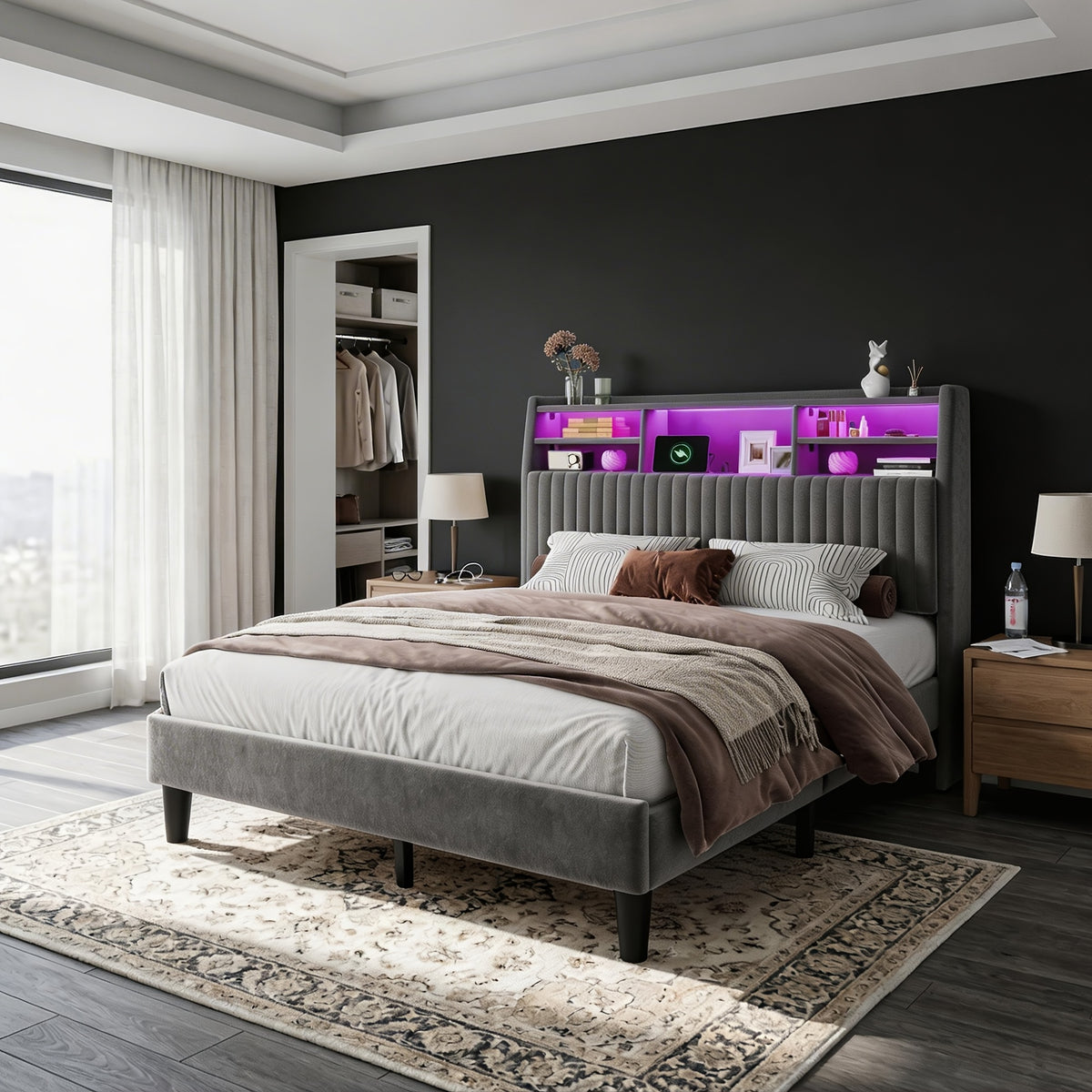 king size storage bed frame 2 tier shelf headboard led - Temu