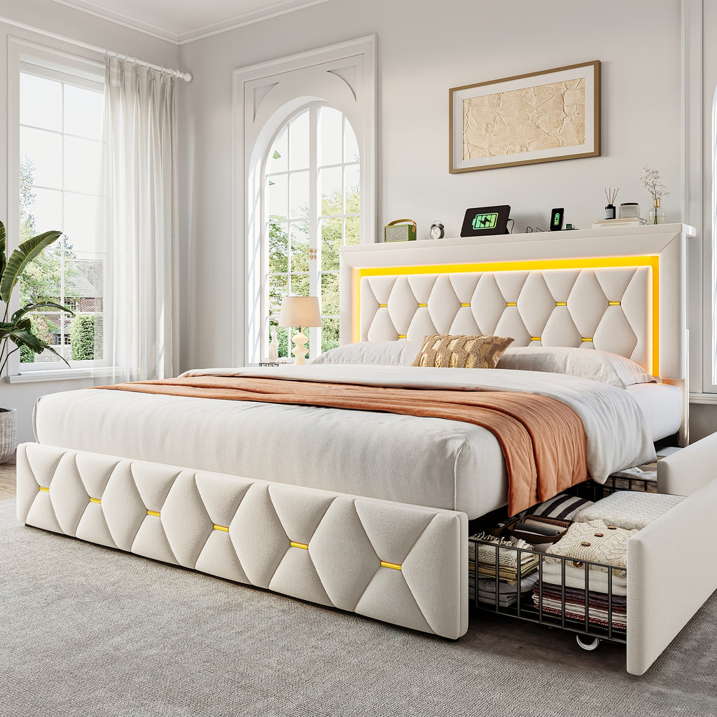 queen full size bed frame 4 storage drawers headboard - Temu