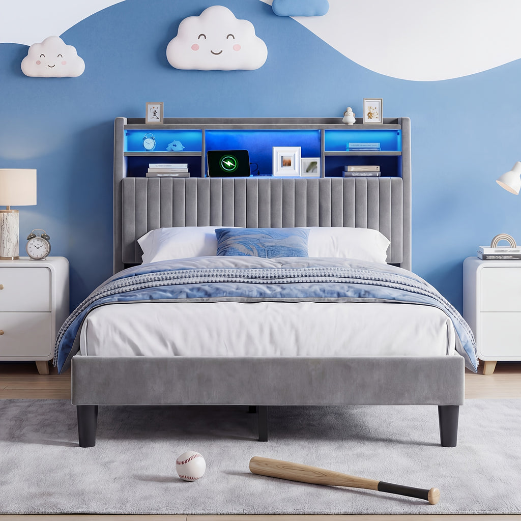 upholstered bed frame built in charging station led lighting - Temu