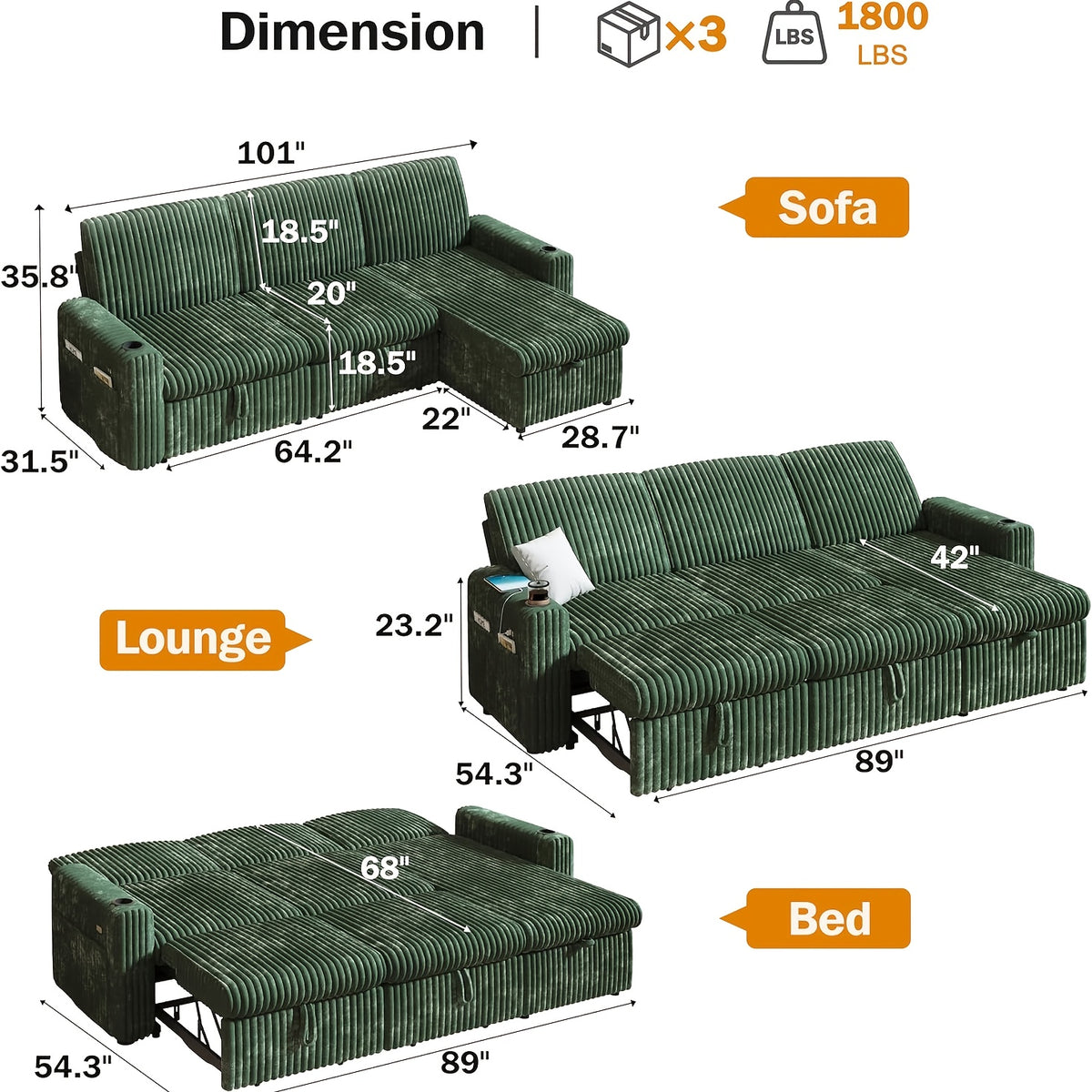 101 inch modern corduroy sofa bed 3 people convertible - Temu
