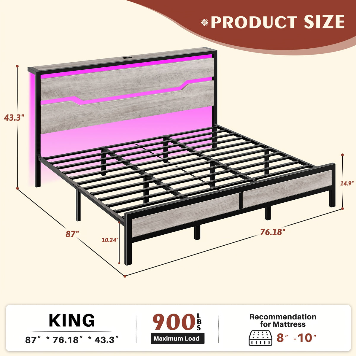 bed frame usb ports led lights headboard shelf heavy duty - Temu