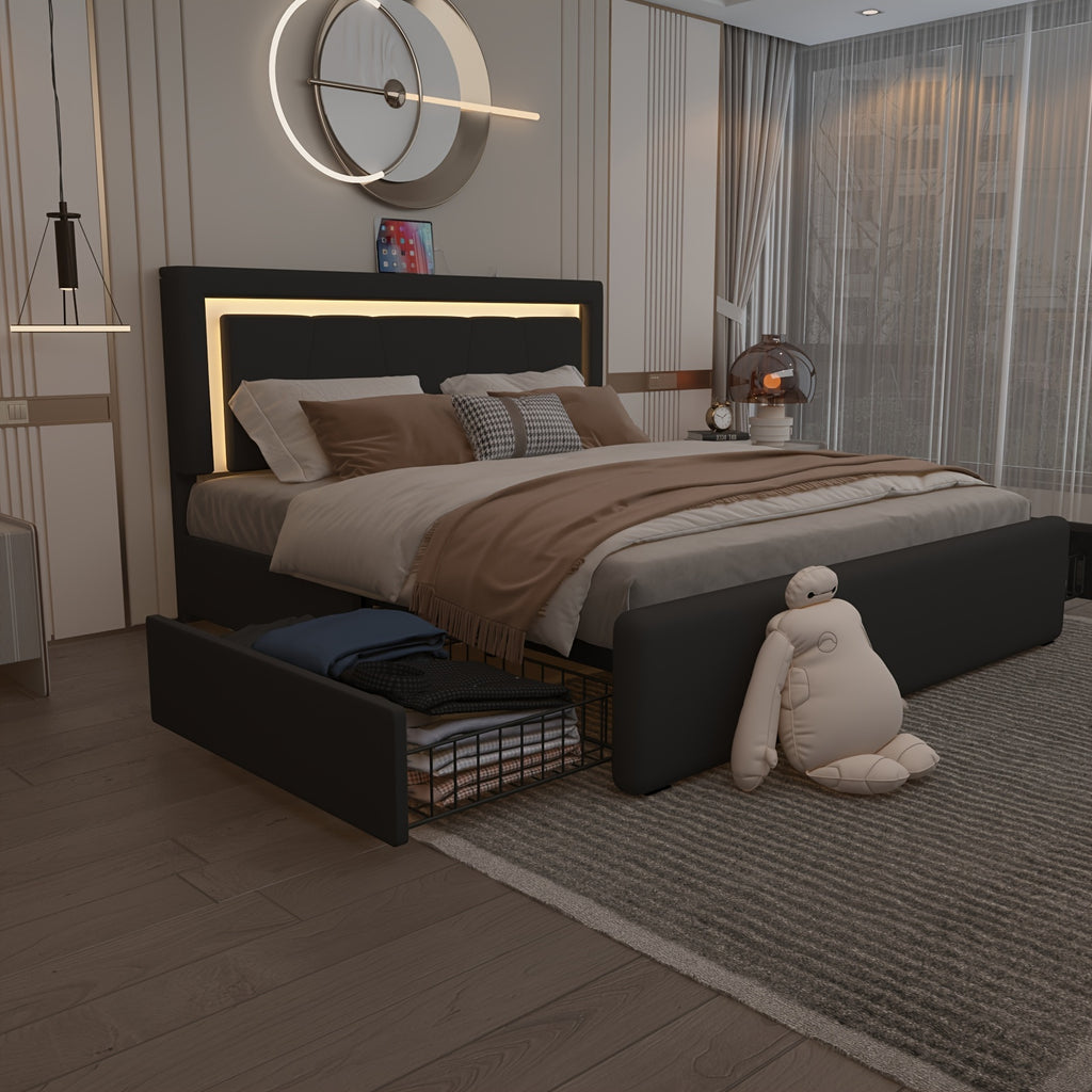 black bed frame 4   drawers led lights adjustable - Temu