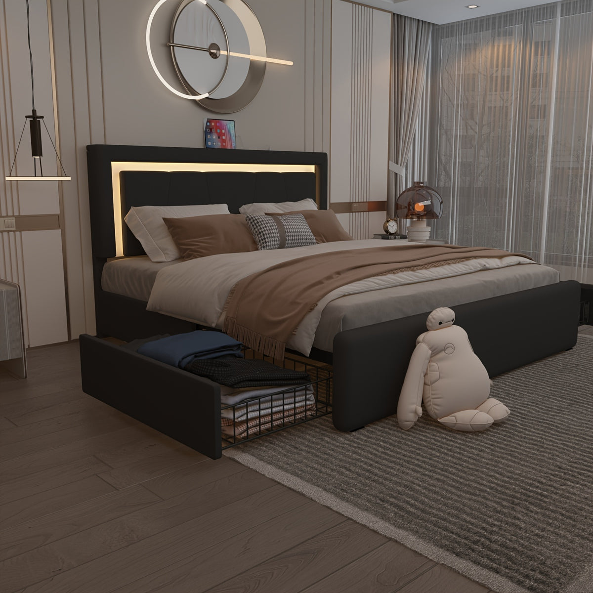 black bed frame 4   drawers led lights adjustable - Temu