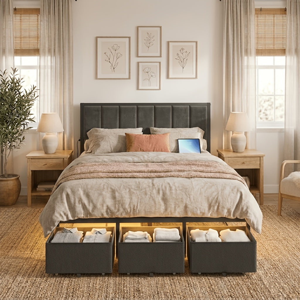 bed frame metal platform bed storage drawers led lighting - Temu