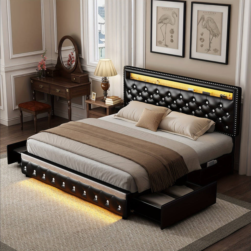 queen led bed frame 2 drawers modern full size pu leather - Temu