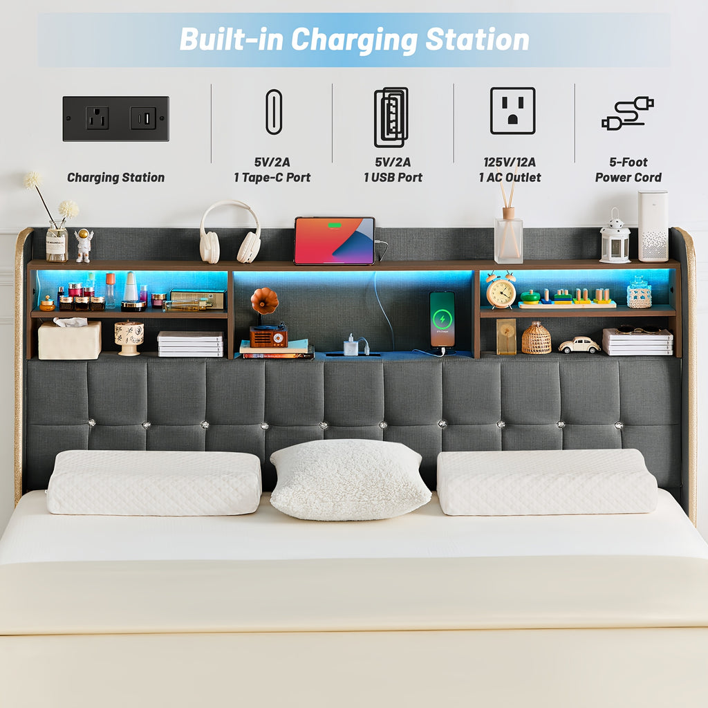 a queen sized bed frame featuring a headboard bookcase - Temu