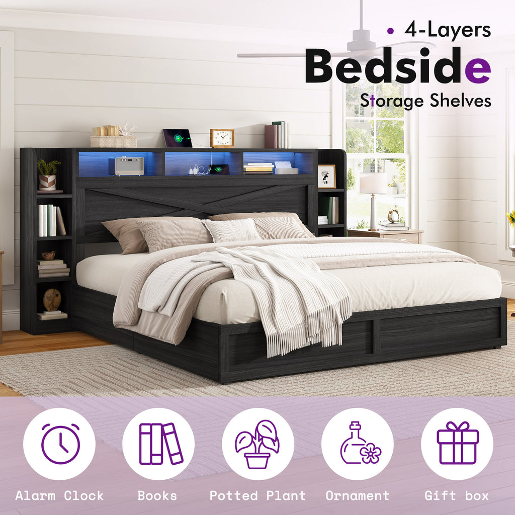 rustic farmhouse platform bed storage headboard - Temu