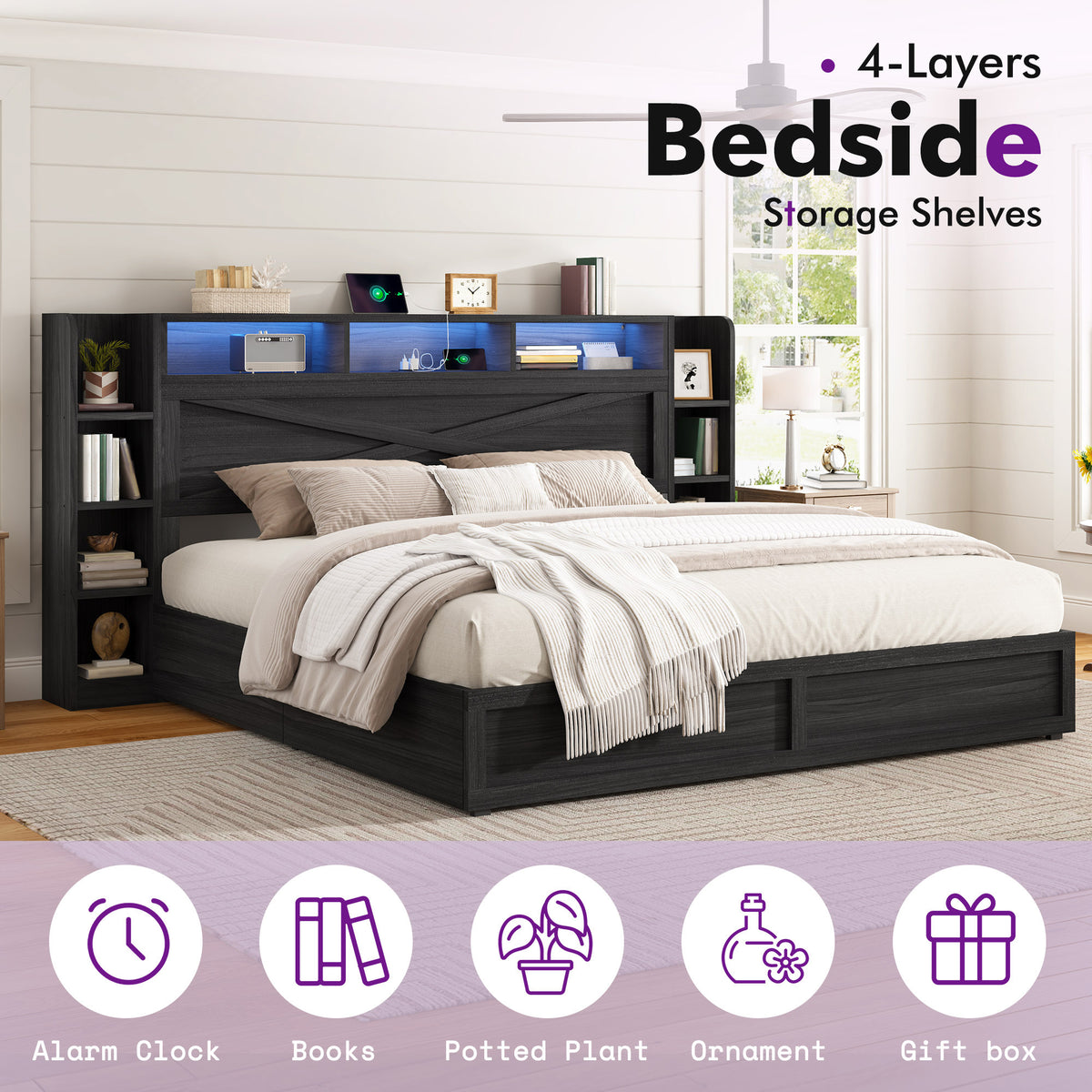 rustic farmhouse platform bed storage headboard - Temu