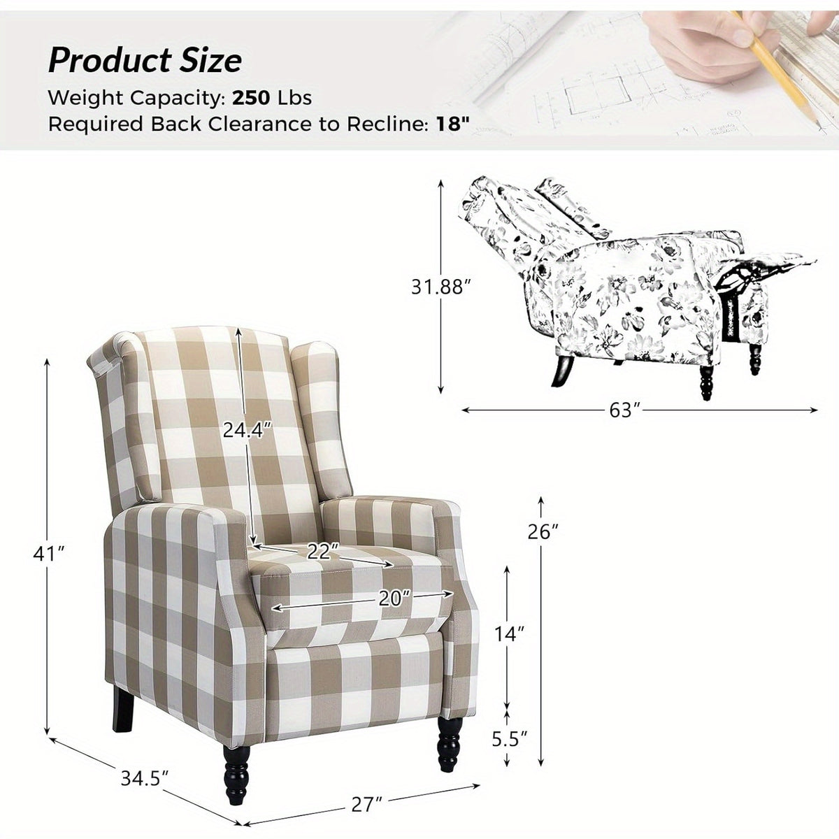 upholstered wingback recliner chair traditional push back - Temu