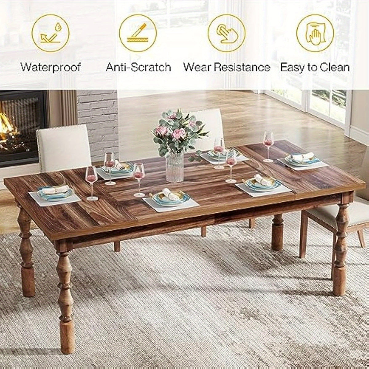 wood dining table 4 6 people farmhouse large rectangle - Temu