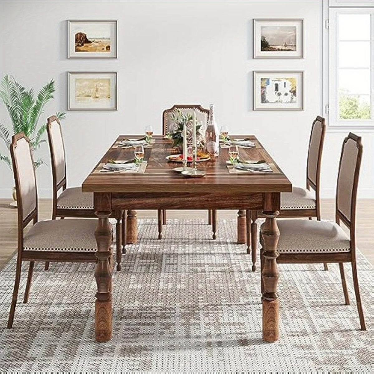 wood dining table 4 6 people farmhouse large rectangle - Temu