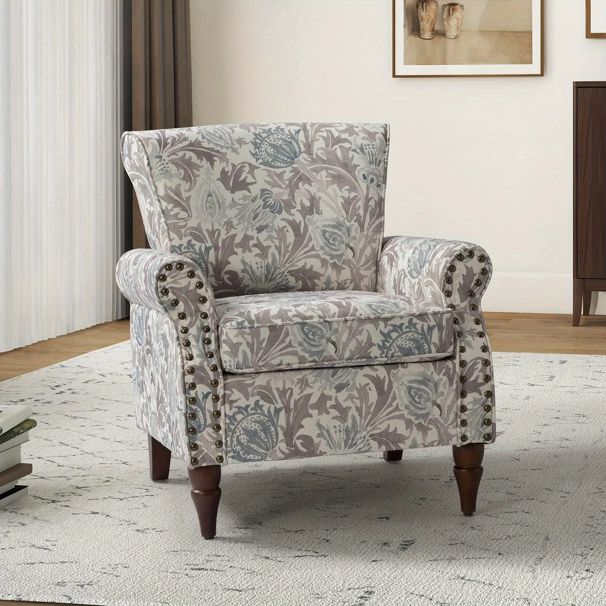 modern wingback accent chair wood legs removable cushion - Temu