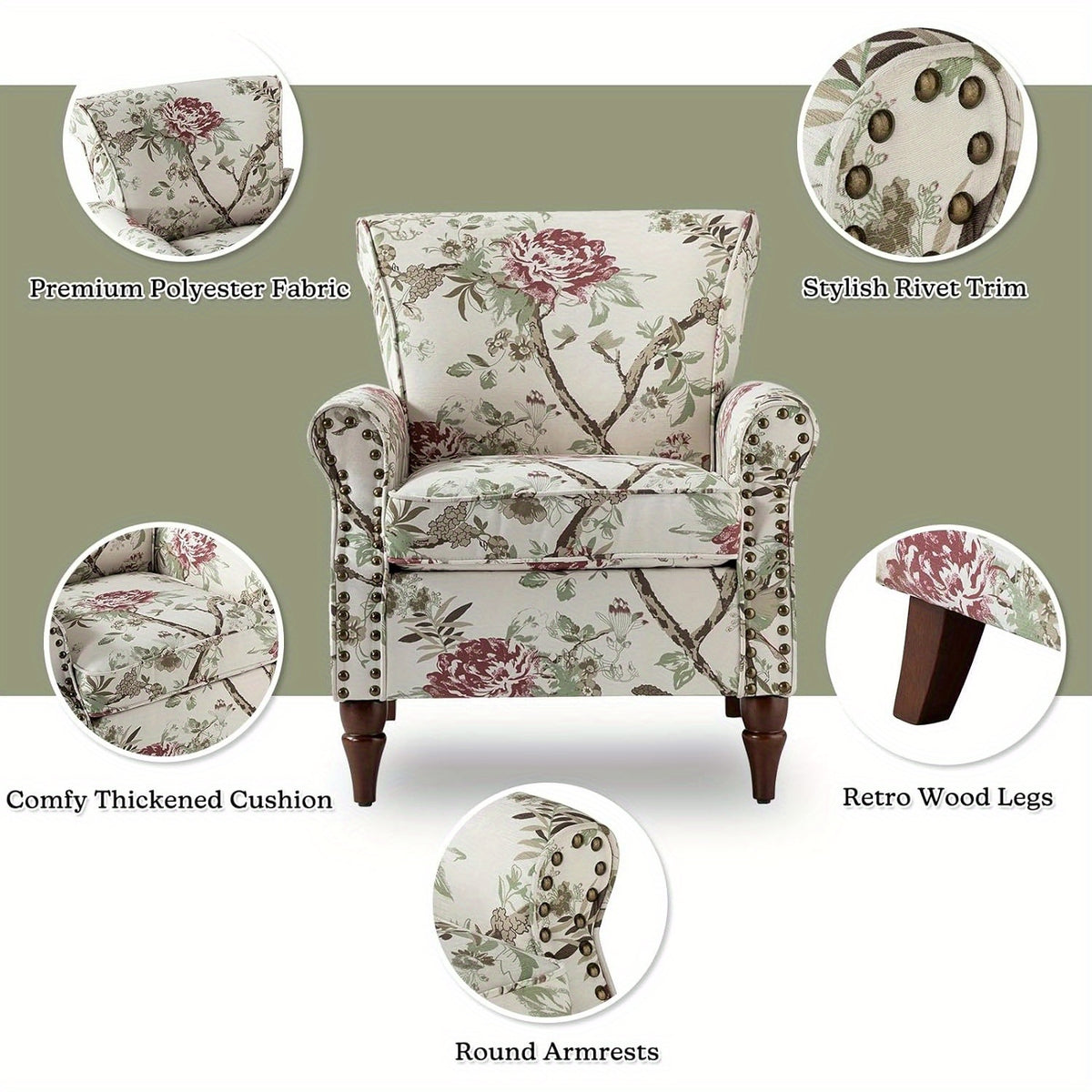 modern wingback accent chair wood legs removable cushion - Temu