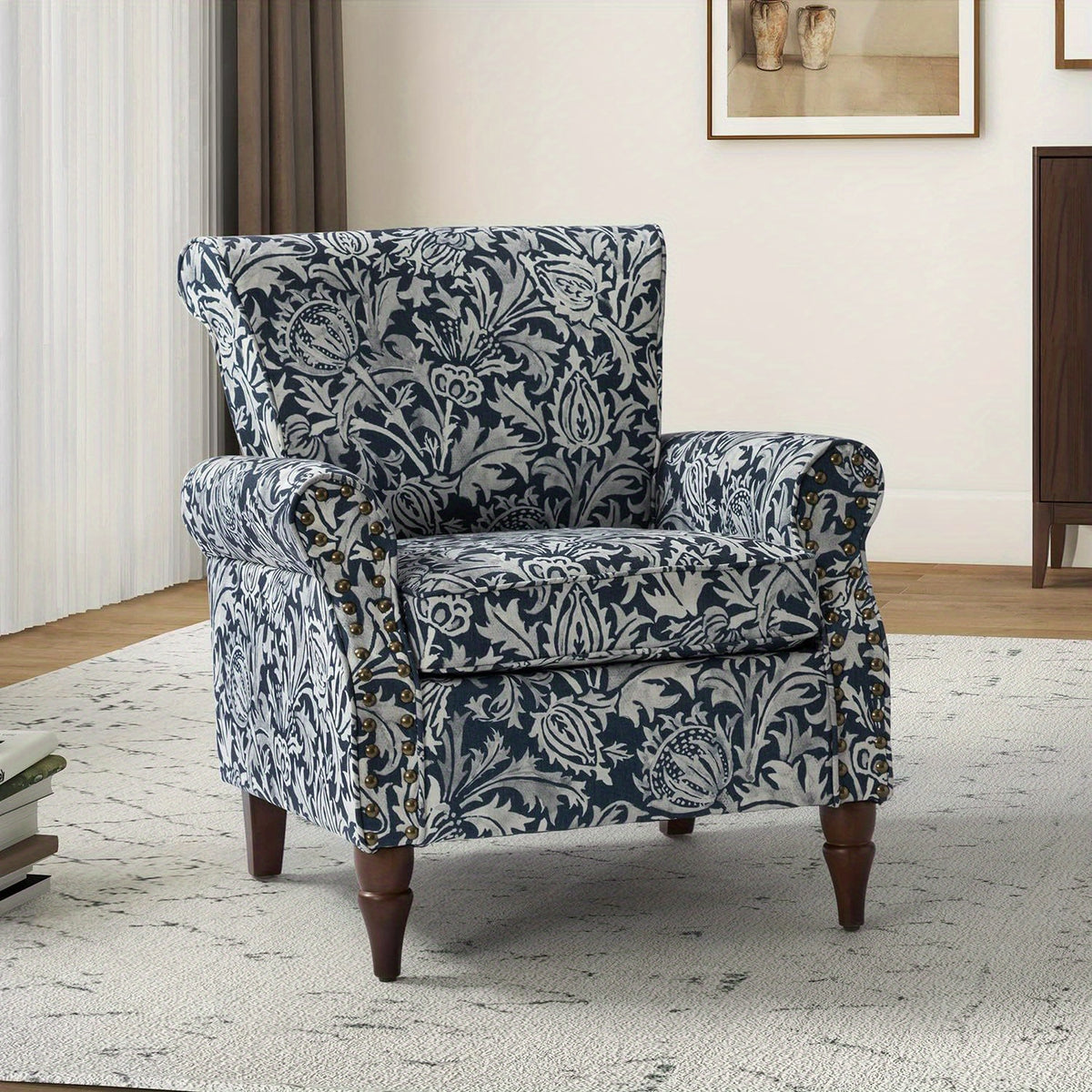 modern wingback accent chair wood legs removable cushion - Temu