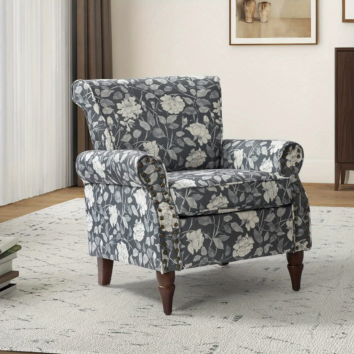 modern wingback accent chair wood legs removable cushion - Temu