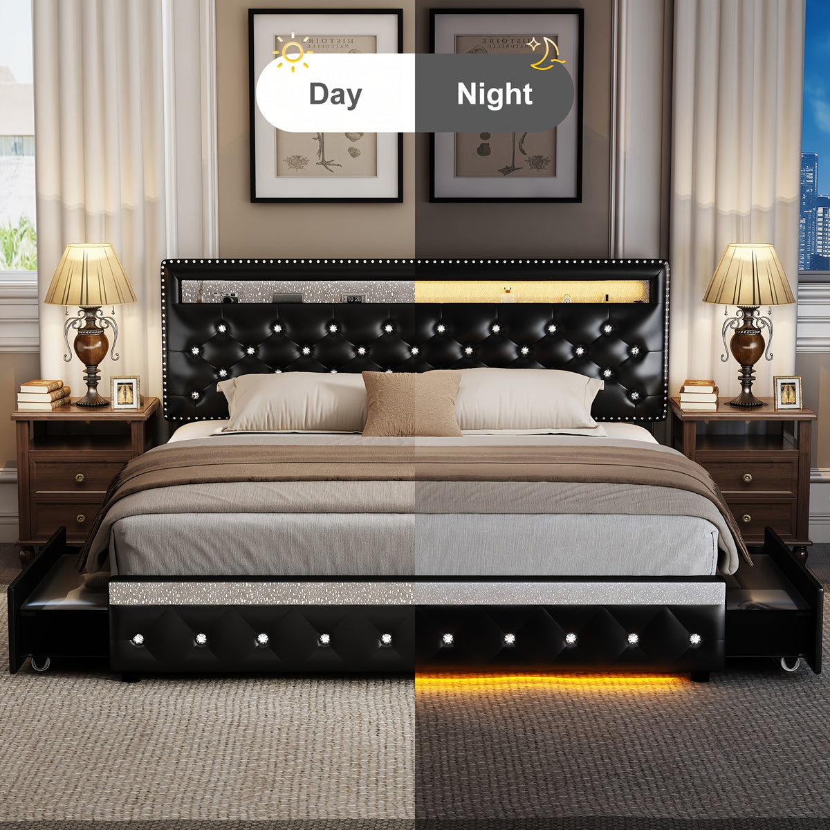 queen led bed frame 2 drawers modern full size pu leather - Temu