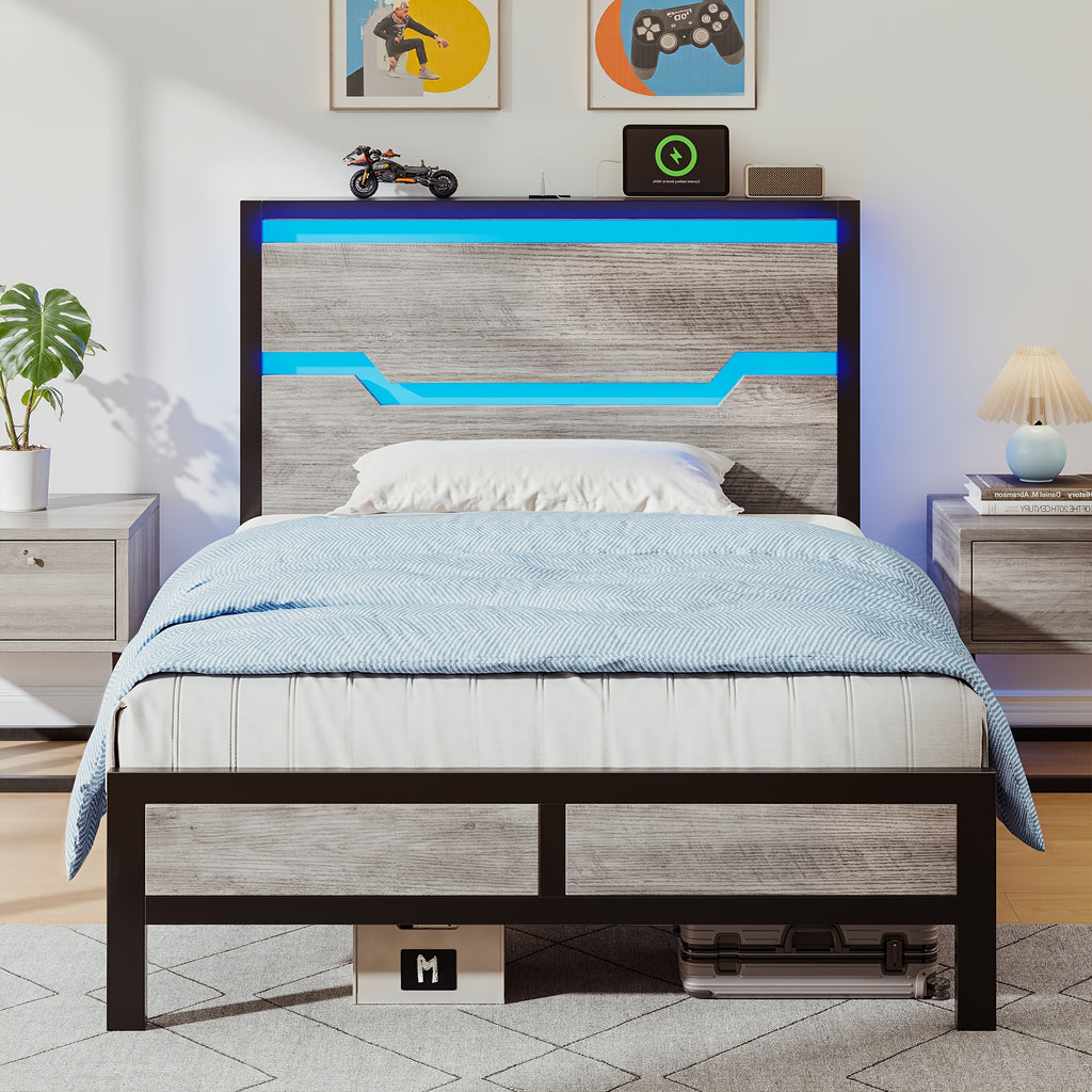 bed frame usb ports led lights headboard shelf heavy duty - Temu